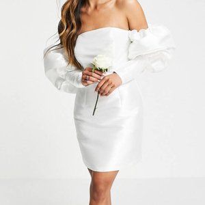 ASOS EDITION puff sleeve off shoulder mini wedding dress